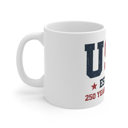 USA EST 1776 Coffee Mug – 250 Years of Freedom Patriotic Mug – Vintage Distressed American Flag Mug 11oz