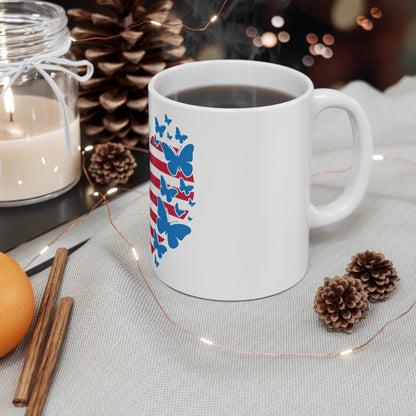 Patriotic Butterfly Heart Coffee Mug – American Flag Heart Mug – USA Love Butterfly Cup – Red White Blue Gift Mug Mug 11oz