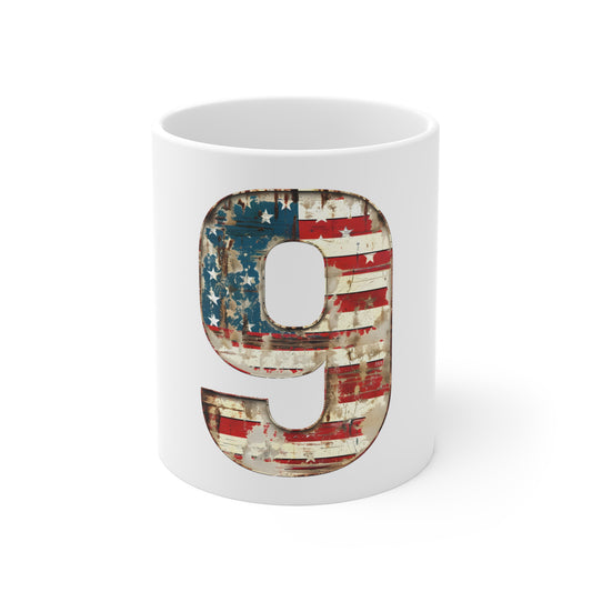 Distressed American Flag Number 9 Coffee Mug – Vintage Patriotic Number Mug – Rustic USA Stars & Stripes Cup – Americana Gift Mug 11oz