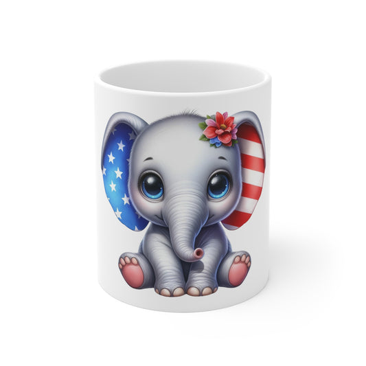 Patriotic Baby Elephant Coffee Mug – Cute American Elephant Mug – Red White Blue Ears Mug – 4th of July Animal Cup 11oz