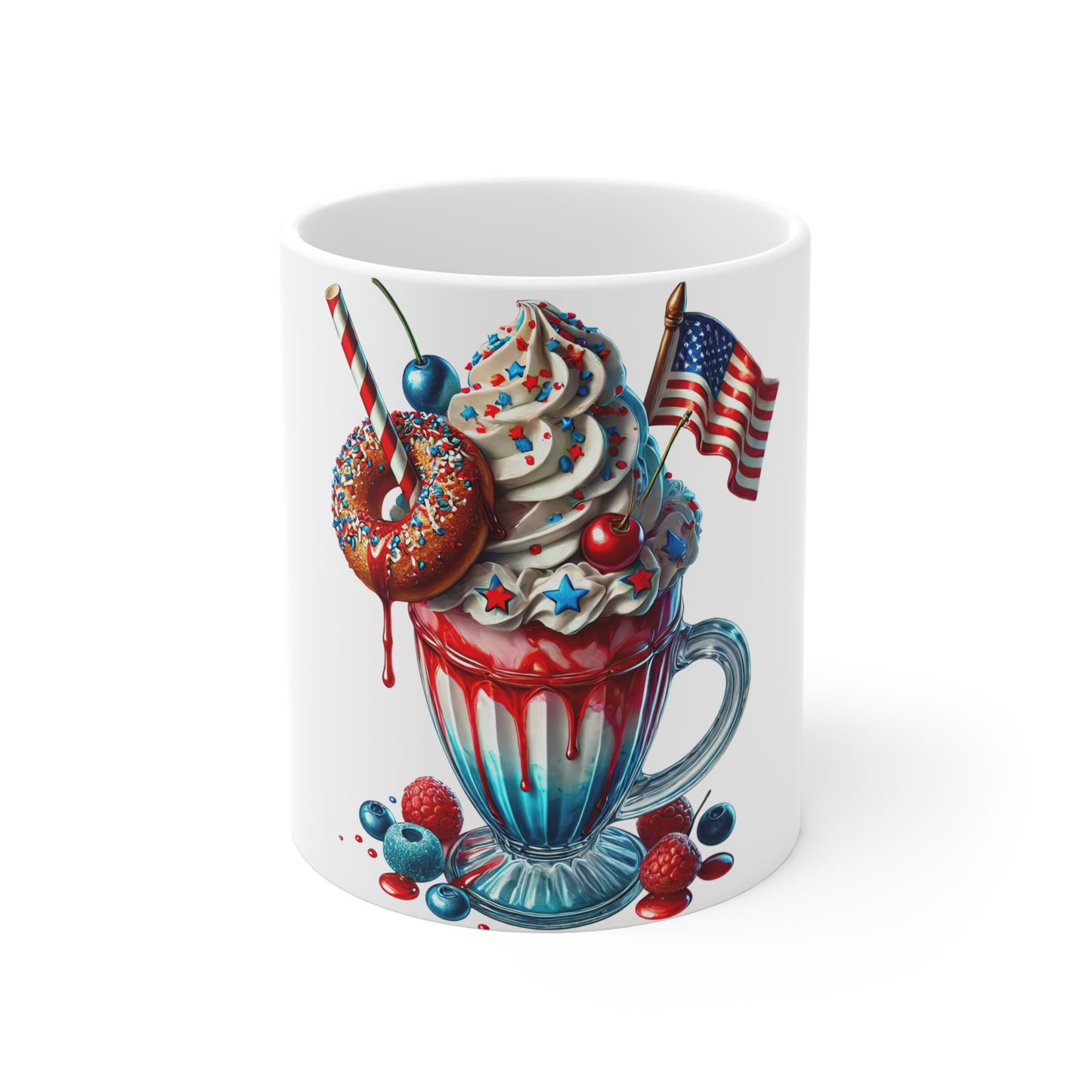 Patriotic Donut Milkshake Coffee Mug – 4th of July Drip Dessert Mug – Red White Blue Sweet Treat Cup – Americana Candy Mug – Festive Gift Mug Patriotic Red White & Blue Milkshake Mug — 11oz USA Flag...