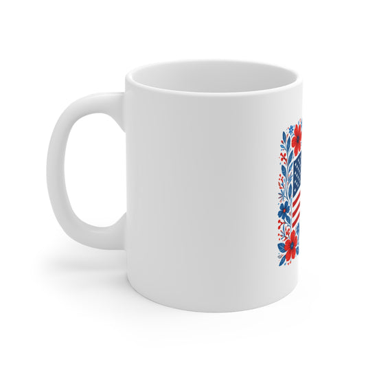 11oz Mug — American Flag Floral Design | Patriotic 4th of July Coffee Cup