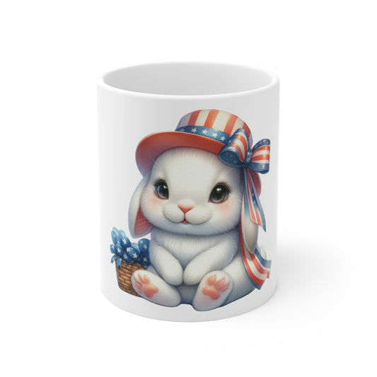 Patriotic Bunny Coffee Mug – Cute American Bunny Mug – Red White Blue Hat Bunny Cup – 4th of July Rabbit Gift 11oz