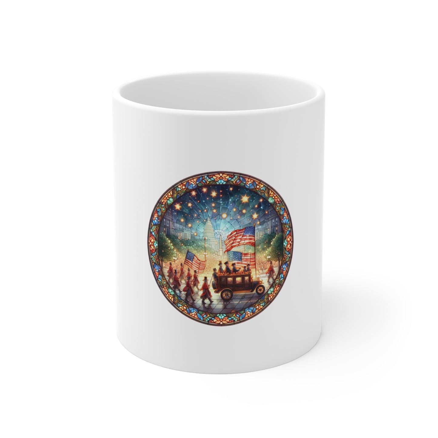 Stained Glass Patriotic Parade Mug – Americana Celebration Coffee Mug – USA Flag Festival Art Cup – Fourth of July Gift Mug Mug 11oz
