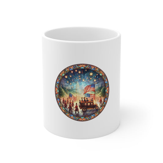 Stained Glass Patriotic Parade Mug – Americana Celebration Coffee Mug – USA Flag Festival Art Cup – Fourth of July Gift Mug Mug 11oz