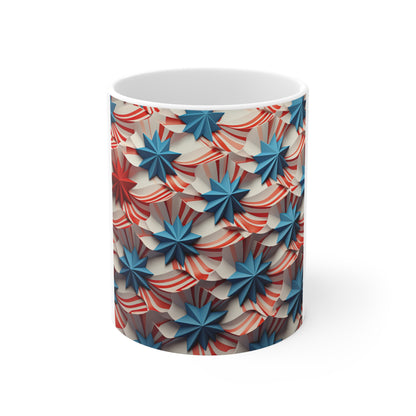 3D Patriotic Wave Star Coffee Mug – Flowing Red White Blue Ribbon Mug – Layered Americana Star Design – USA Flag Inspired Mug 11oz