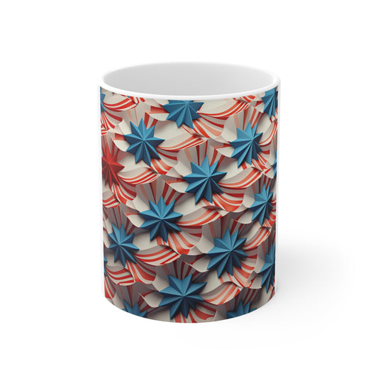 3D Patriotic Wave Star Coffee Mug – Flowing Red White Blue Ribbon Mug – Layered Americana Star Design – USA Flag Inspired Mug 11oz