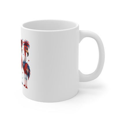 Patriotic Flamingo 11oz Mug — Red, White & Blue Fourth of July Coffee Cup