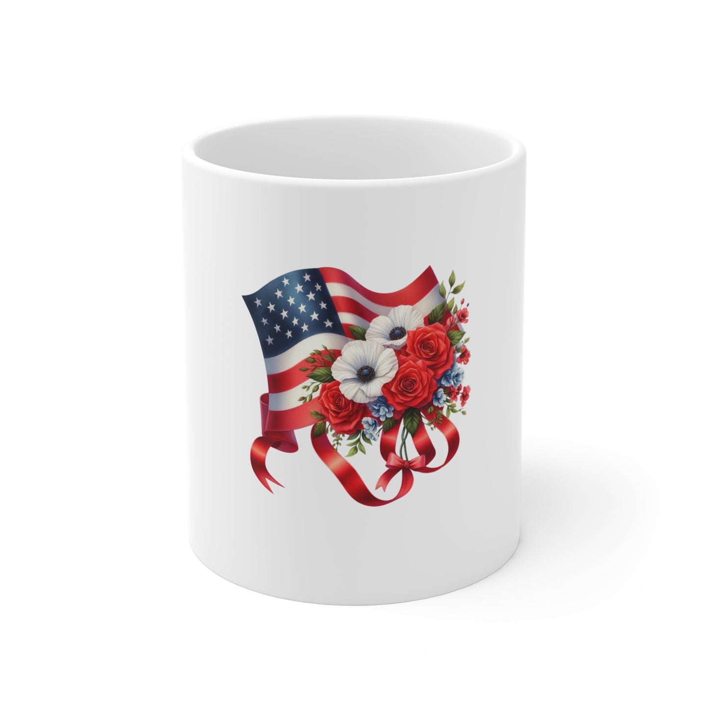 American Flag Floral Mug — Patriotic Red White Blue Coffee Cup (11 oz)