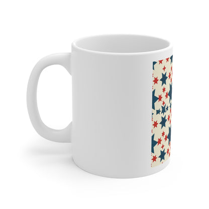 Geometric Star Grid Coffee Mug – Patriotic Star Pattern Mug – Red White Blue Modern Americana Cup – Symmetrical USA Star Design Mug Patriotic Stars 11oz Coffee Mug — Red & Navy Star Pattern, Fourth of...