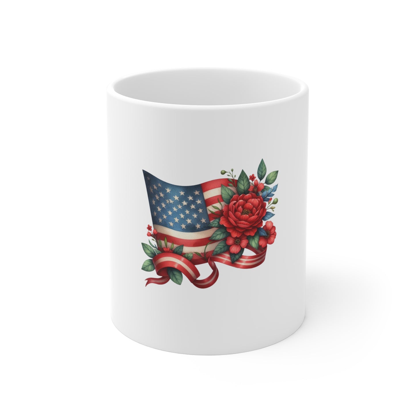 Patriotic Rose Flag Mug — American Flag with Red Roses 11oz