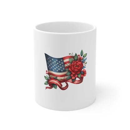Patriotic Rose Flag Mug — American Flag with Red Roses 11oz