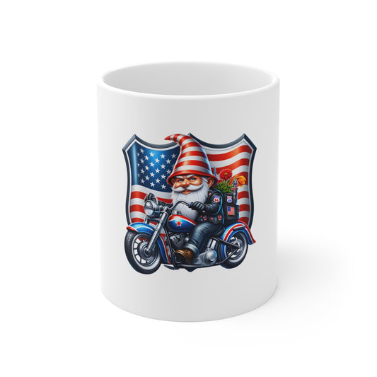 Patriotic Biker Gnome 11oz Mug – American Flag Motorcycle Coffee Cup