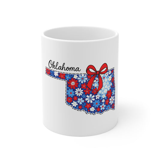 Oklahoma Floral State Mug — Red, White & Blue Daisy Design with Bow
