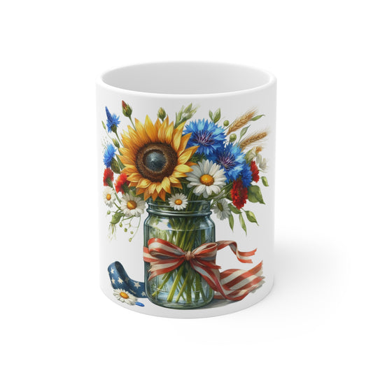 Patriotic Sunflower Mason Jar Coffee Mug – Red White Blue Wildflower Bouquet Mug – Americana Farmhouse Floral Cup – Rustic Gift Mug  Wildflower Bouquet Mug — Sunflower & Flag Ribbon 11oz