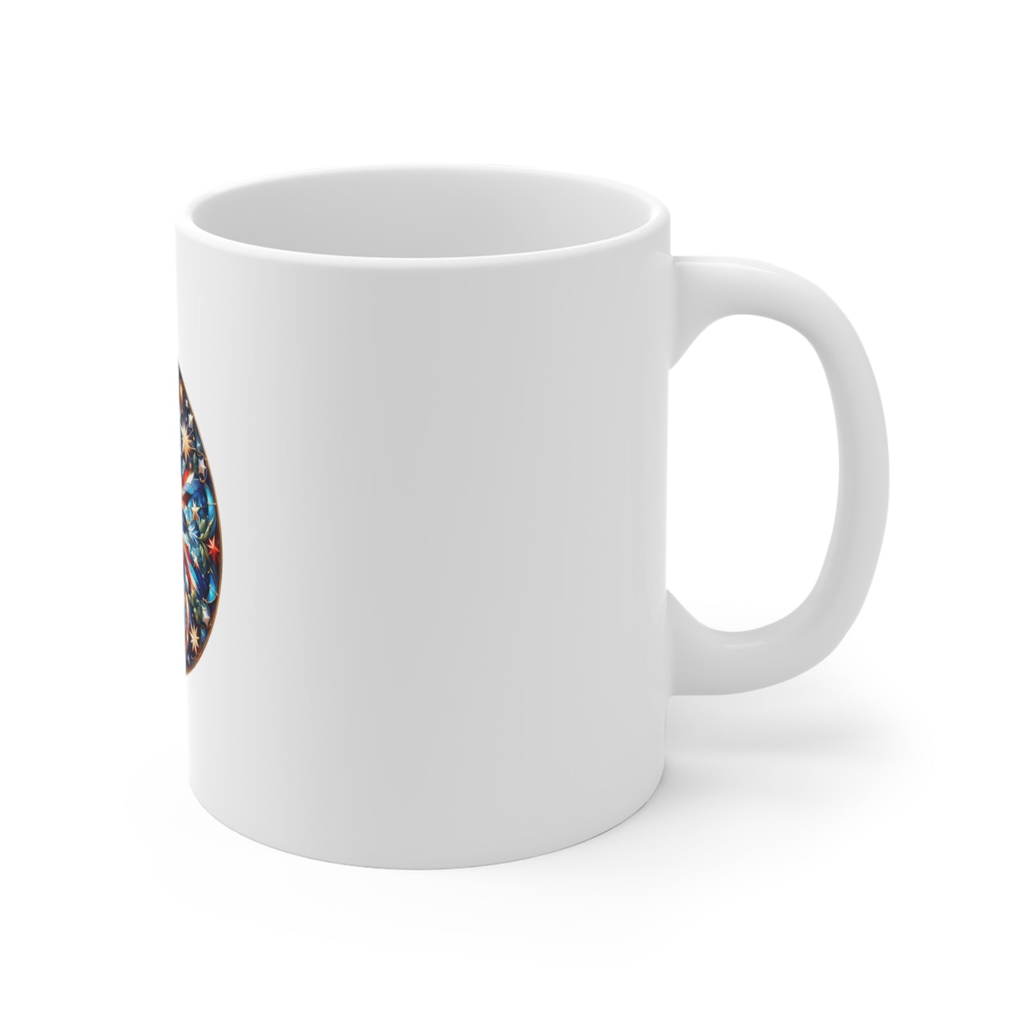 Stained Glass Patriotic Starburst Mug – Firework Americana Coffee Mug – Red White Blue Celebration Cup – Fourth of July Art Gift Mug 11oz