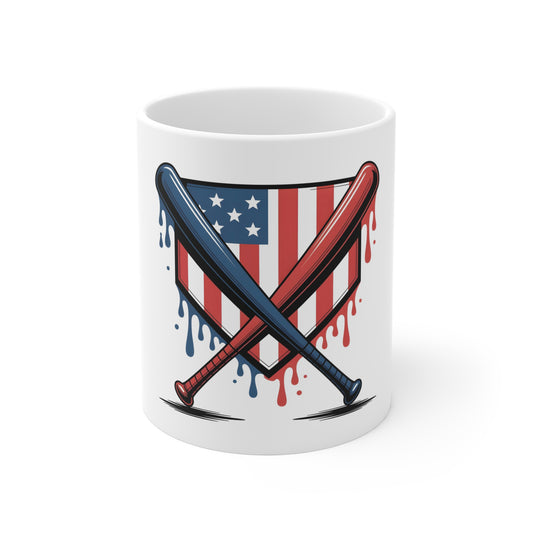 Baseball Bats & Dripping Flag Mug — Patriotic USA Sports Coffee Cup