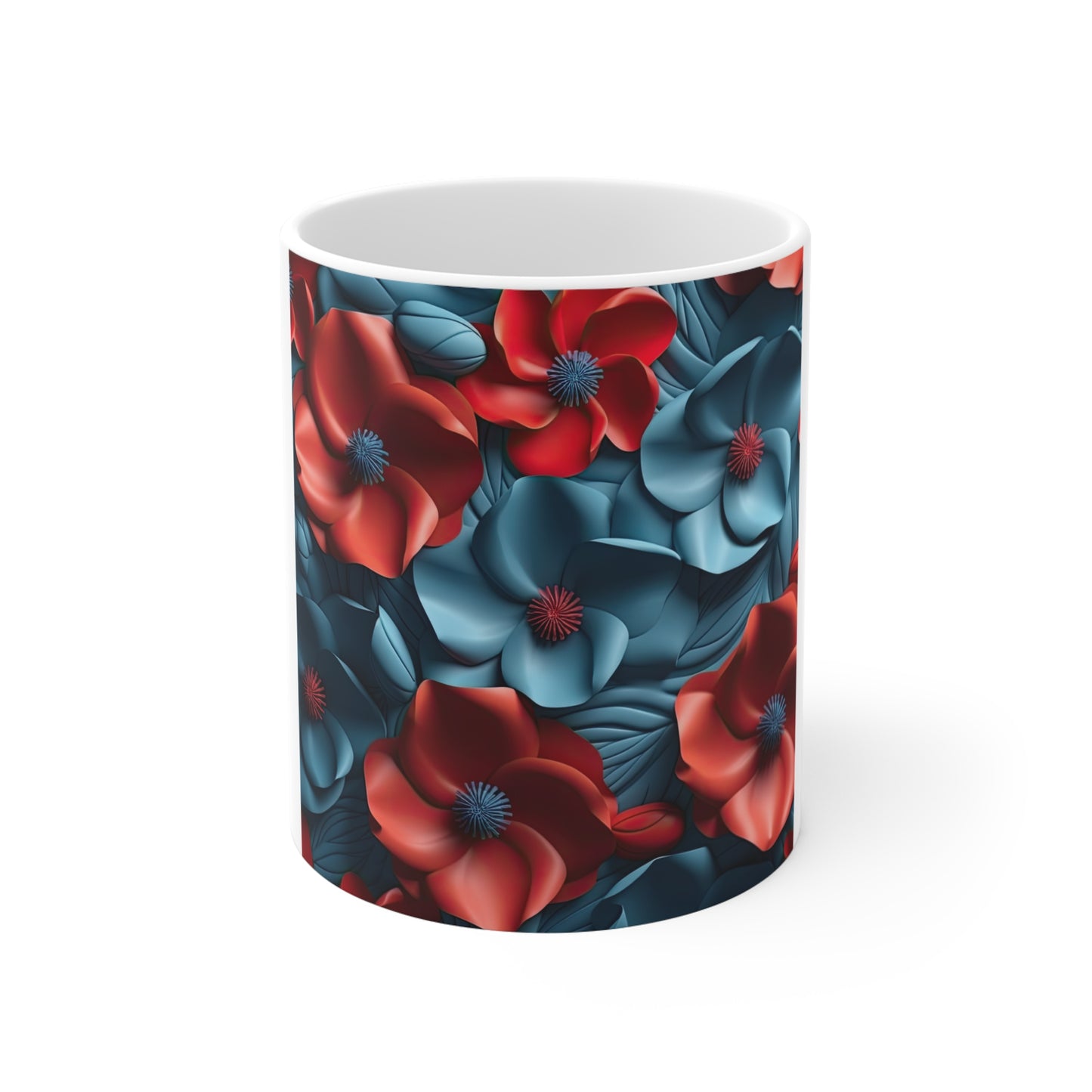 Patriotic 3D Floral Coffee Mug – Red Blue Sculpted Flower Mug – Modern Layered Botanical Cup – Bold Americana Design Mug 11oz Ceramic Mug — Red & Teal Floral Pattern