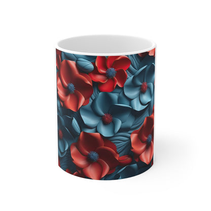 Patriotic 3D Floral Coffee Mug – Red Blue Sculpted Flower Mug – Modern Layered Botanical Cup – Bold Americana Design Mug 11oz Ceramic Mug — Red & Teal Floral Pattern