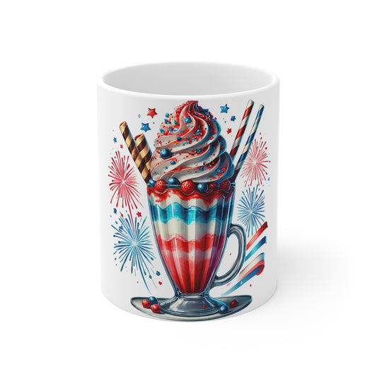 Patriotic Fireworks Milkshake Mug – 4th of July Ice Cream Sundae Coffee Mug – Red White Blue Dessert Cup with Fireworks – Americana Celebration Mug Patriotic Red White Blue Milkshake Mug - 11oz 4th of...