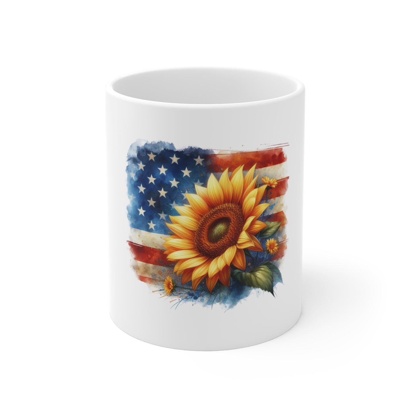 American Flag Sunflower Mug — Patriotic 11oz Coffee Cup