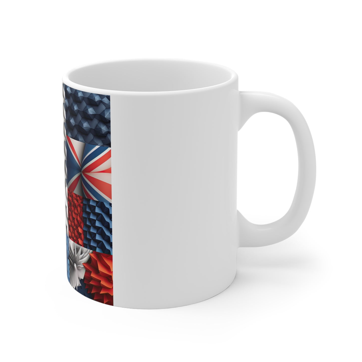 Abstract 3D Patriotic Coffee Mug – Red White Blue Geometric Mug – Modern Americana Design – Bold Textured Art Mug Patchwork Patriotic 11oz Mug – Red White Blue Geometric Quilt Design