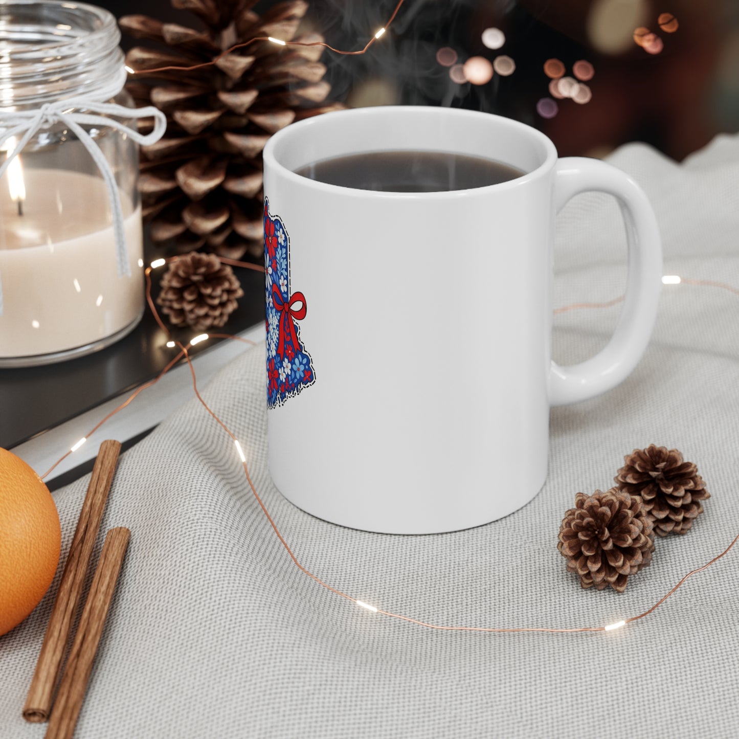 Maine Floral State Outline Mug — Red, White & Blue Flower Pattern with Ribbon (11 oz)
