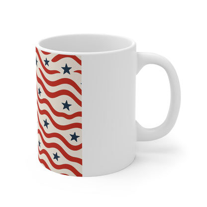 Wavy American Flag Coffee Mug – Modern Patriotic Stripe Mug – Red White Blue Wave Pattern Mug – Minimal USA Design11oz