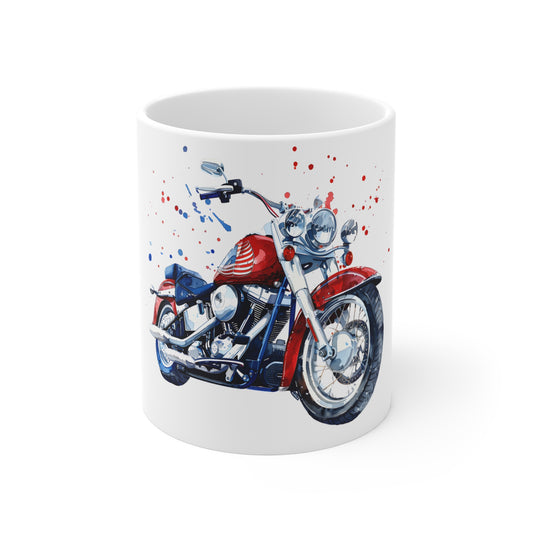 Patriotic Vintage Motorcycle Coffee Mug – Red White Blue Bike Mug – USA Biker Watercolor Art Cup – Freedom Rider Gift Mug 11oz