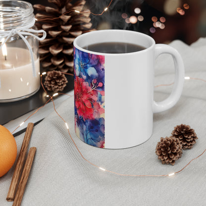 Patriotic Floral Garden Coffee Mug – Red White Blue Watercolor Flower Mug – Rich Americana Bloom Cup – Elegant Artistic Gift Watercolor Floral Mug — Pink & Blue Bloom 11oz Ceramic Coffee Cup