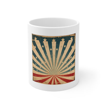 Vintage Americana Sunburst Coffee Mug – Retro Patriotic Rays Mug – Distressed USA Starburst Cup – Classic American Heritage Gift Vintage American Flag Sunburst Mug — 11oz Patriotic Coffee Cup