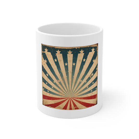 Vintage Americana Sunburst Coffee Mug – Retro Patriotic Rays Mug – Distressed USA Starburst Cup – Classic American Heritage Gift Vintage American Flag Sunburst Mug — 11oz Patriotic Coffee Cup