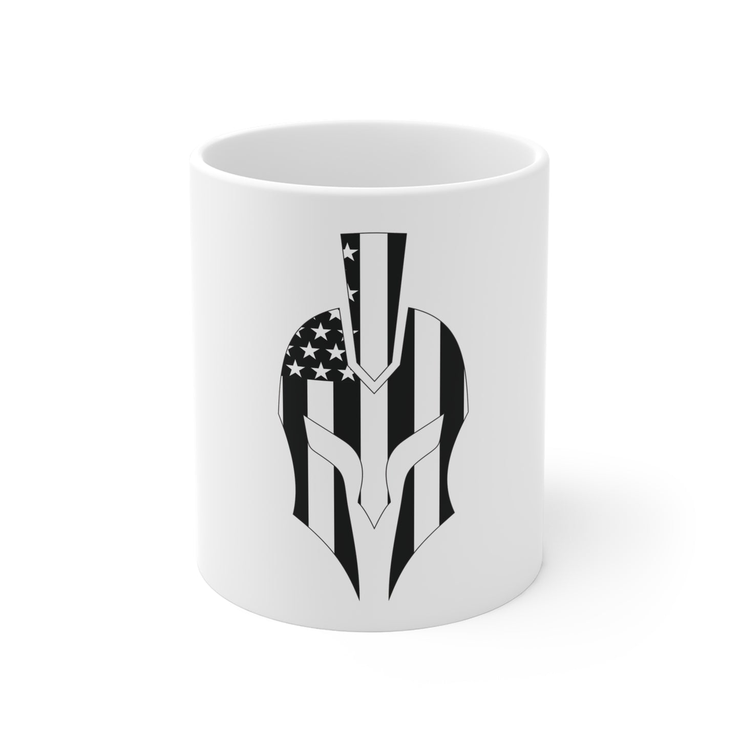 Vertical American Flag Spartan Helmet Coffee Mug – Patriotic Warrior Mug – USA Spartan Shield Cup – Bold Black & White Military Style Mug Mug 11oz