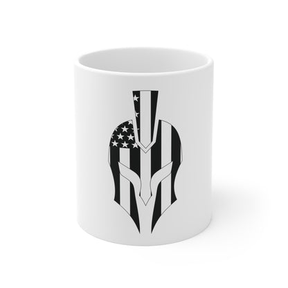 Vertical American Flag Spartan Helmet Coffee Mug – Patriotic Warrior Mug – USA Spartan Shield Cup – Bold Black & White Military Style Mug Mug 11oz