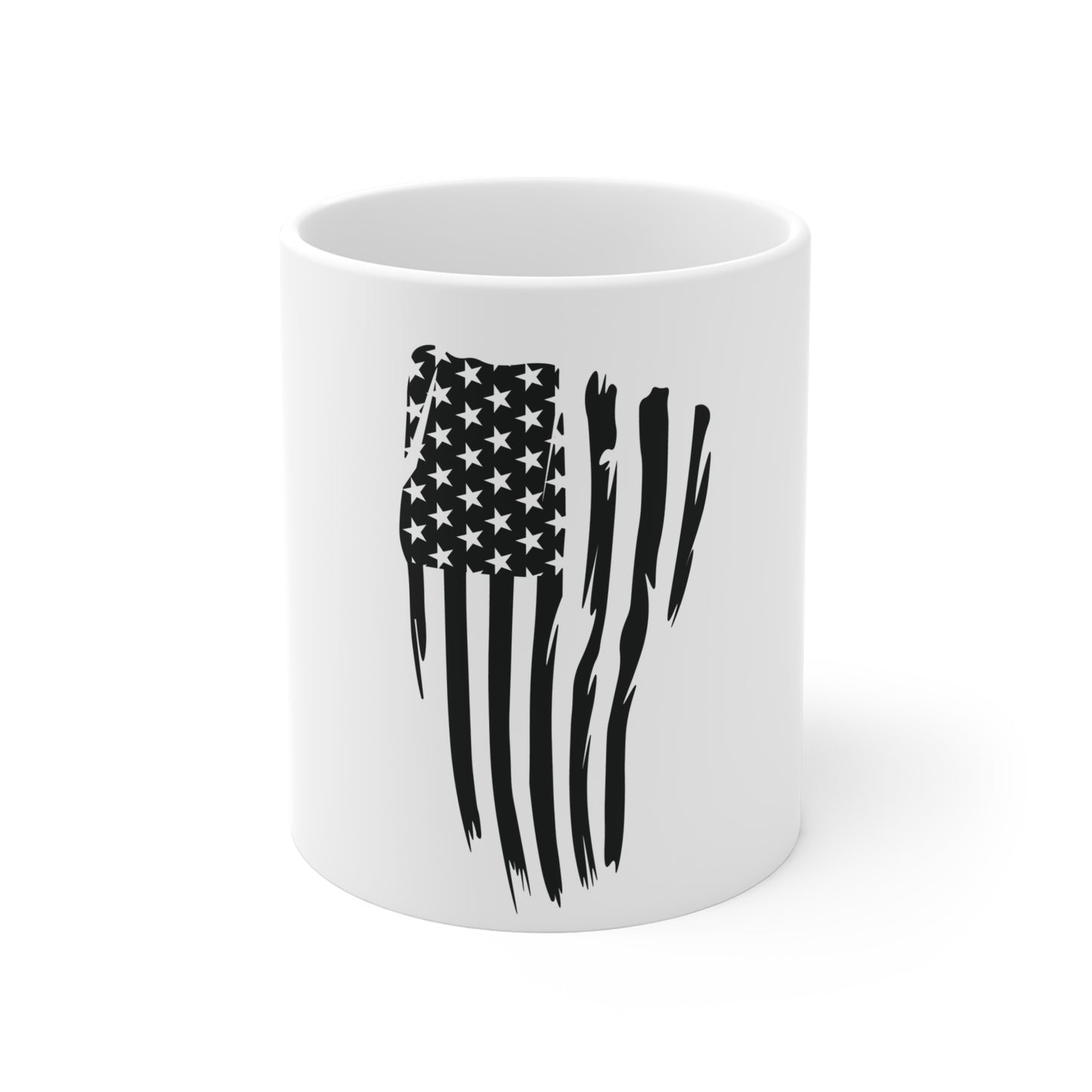 Black Vertical Distressed American Flag Coffee Mug – Split Brushstroke USA Flag Mug – Stealth Patriotic Cup – Modern Americana Gift Mug 11oz