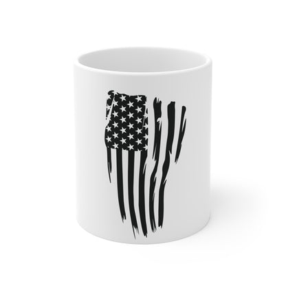 Black Vertical Distressed American Flag Coffee Mug – Split Brushstroke USA Flag Mug – Stealth Patriotic Cup – Modern Americana Gift Mug 11oz
