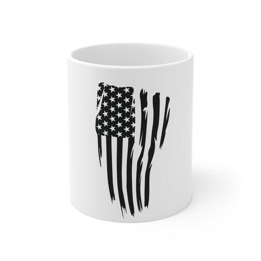 Black Vertical Distressed American Flag Coffee Mug – Split Brushstroke USA Flag Mug – Stealth Patriotic Cup – Modern Americana Gift Mug 11oz