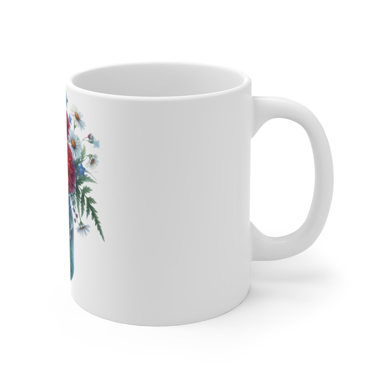 Patriotic Carnation Daisy Coffee Mug – Red White Blue Floral Mason Jar Mug – Americana Star Accent Cup – 4th of July Gift Floral Mason Jar Mug — Red Carnations & Daisies Coffee Cup