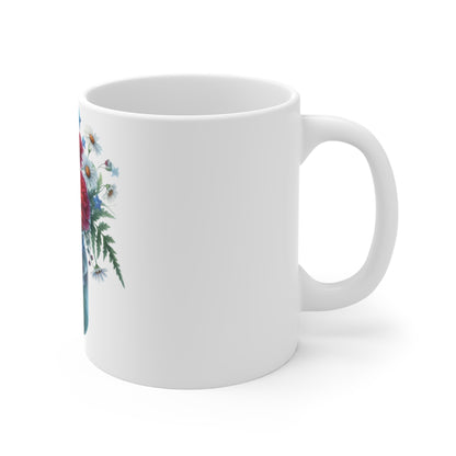 Patriotic Carnation Daisy Coffee Mug – Red White Blue Floral Mason Jar Mug – Americana Star Accent Cup – 4th of July Gift Floral Mason Jar Mug — Red Carnations & Daisies Coffee Cup