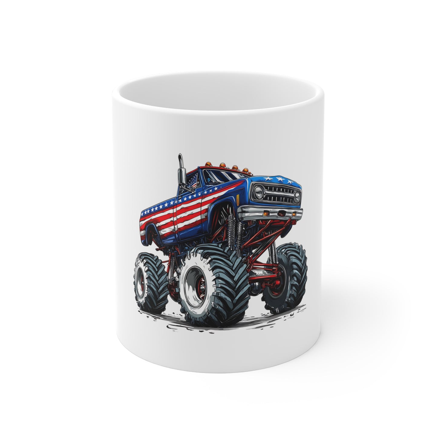 Patriotic Lifted Truck Coffee Mug – American Flag Monster Truck Mug – USA Off-Road Pickup Design – Bold Americana Gift Mug 11oz
