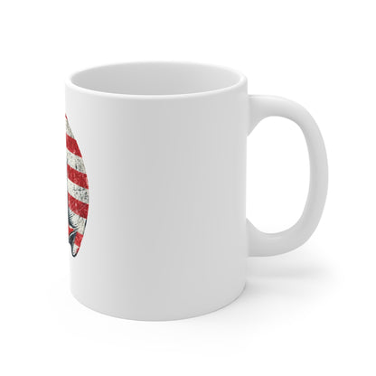 American Flag Skull Mug – Left-Facing Patriotic Skull Coffee Cup – Distressed Vintage USA Freedom Design Mug 11oz