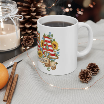 USA Sunflower Patriotic Coffee Mug – 250 Years of Freedom Mug – Vintage Americana Floral Flag Mug 11oz