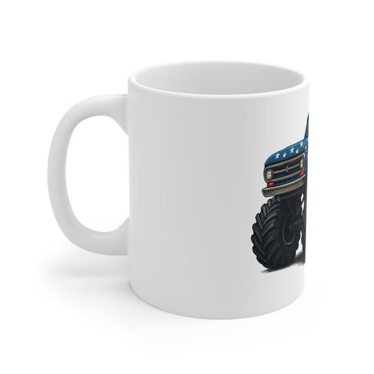 Patriotic Monster Truck Sunset Coffee Mug – American Flag Off-Road Truck Mug – Independence Day Adventure Cup – Bold Americana Gift Mug 11oz