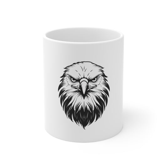 Black & White Eagle Face Mug – Fierce Bald Eagle Coffee Mug – Minimalist American Strength Cup – Patriotic Symbol Gift Mug 11oz