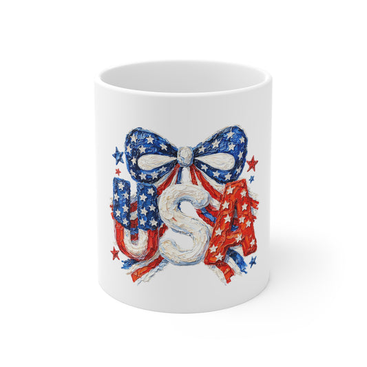 Patriotic USA Bow 11oz Mug – Red White Blue Stars Coffee Cup