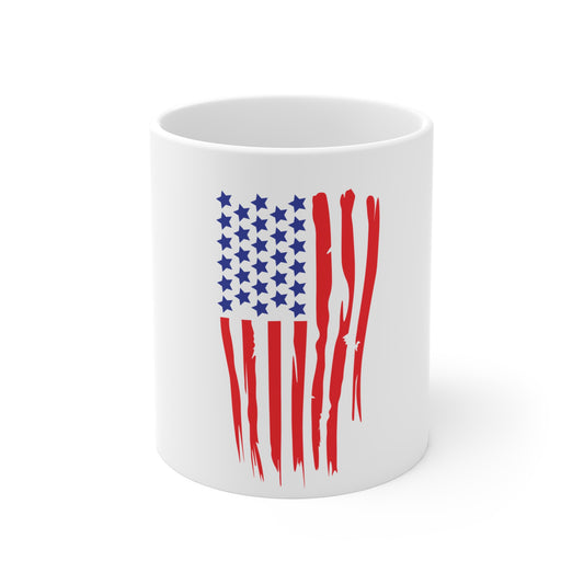 Distressed Vertical American Flag Coffee Mug – Dripping USA Flag Mug – Bold Patriotic Grunge Stripe Cup – Red White Blue Gift Mug 11oz