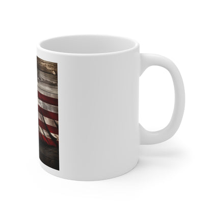 Rustic American Flag Coffee Mug – Wooden USA Flag Mug – Vintage Distressed Patriotic Mug – Rustic Americana Coffee Cup Distressed American Flag Coffee Mug - Patriotic 11oz Tea Cup