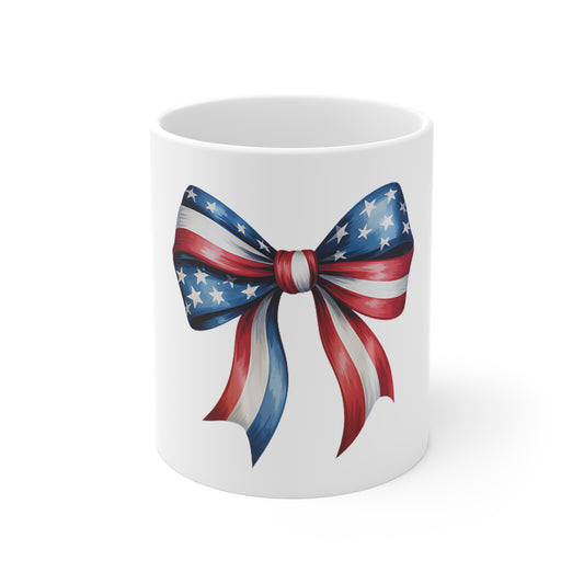 Patriotic Bow Mug — American Flag Red White Blue Ribbon Coffee Cup (11oz)