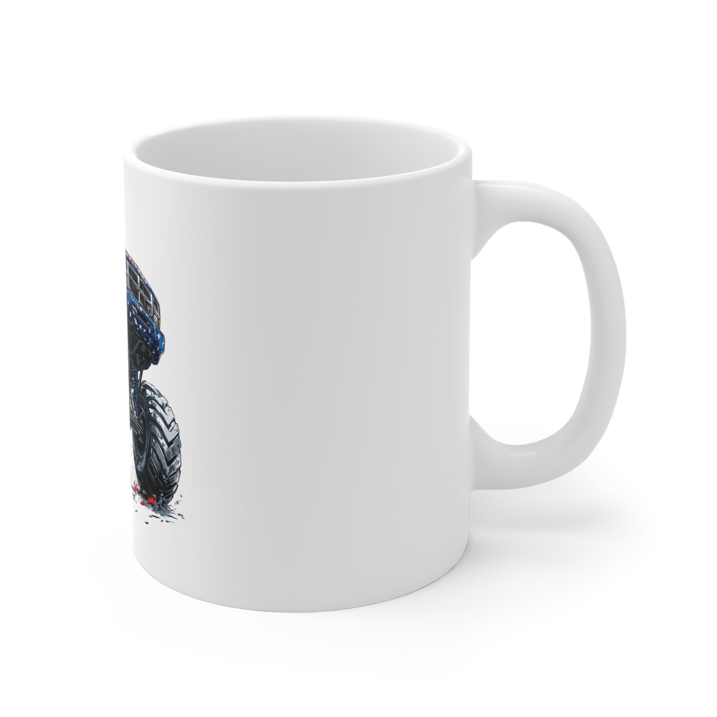 Patriotic Monster Truck Coffee Mug – American Flag Lifted Truck Mug – Rugged USA Off-Road Design – Bold Americana Gift Mug 11oz