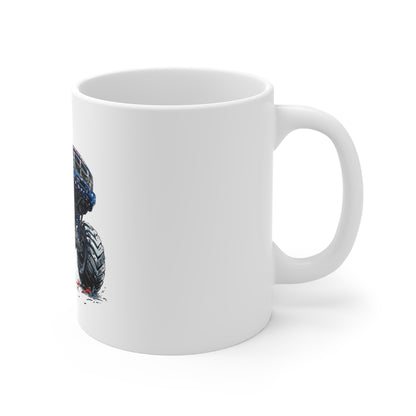 Patriotic Monster Truck Coffee Mug – American Flag Lifted Truck Mug – Rugged USA Off-Road Design – Bold Americana Gift Mug 11oz